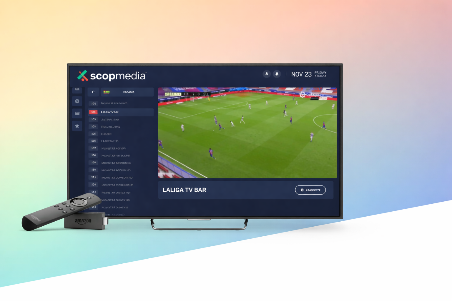 IPTV streaming device with remote control showing sports content